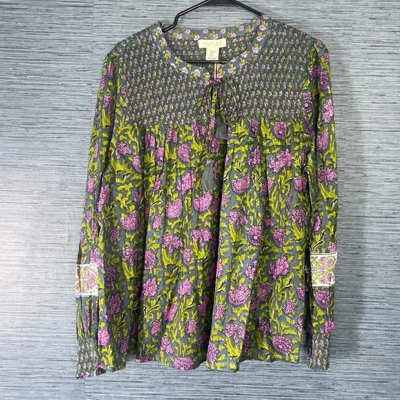 Rachael Zoe Tops - Rachael Zoe Boho Blouse Smocked XL NWT Green Purple Tassel